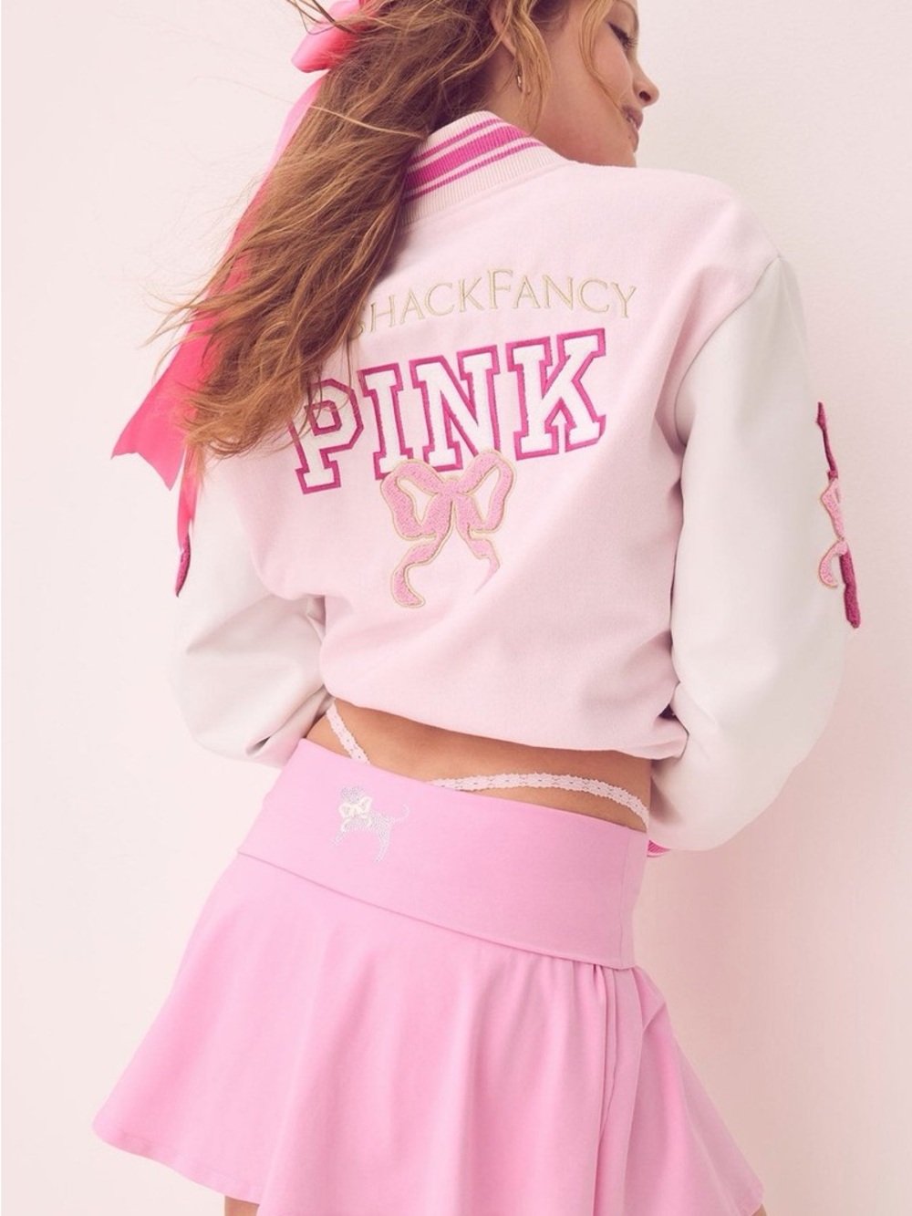 New! PINK x LoveShackFancy Reissued Boyfriend Varsity Jacket XS nbnn